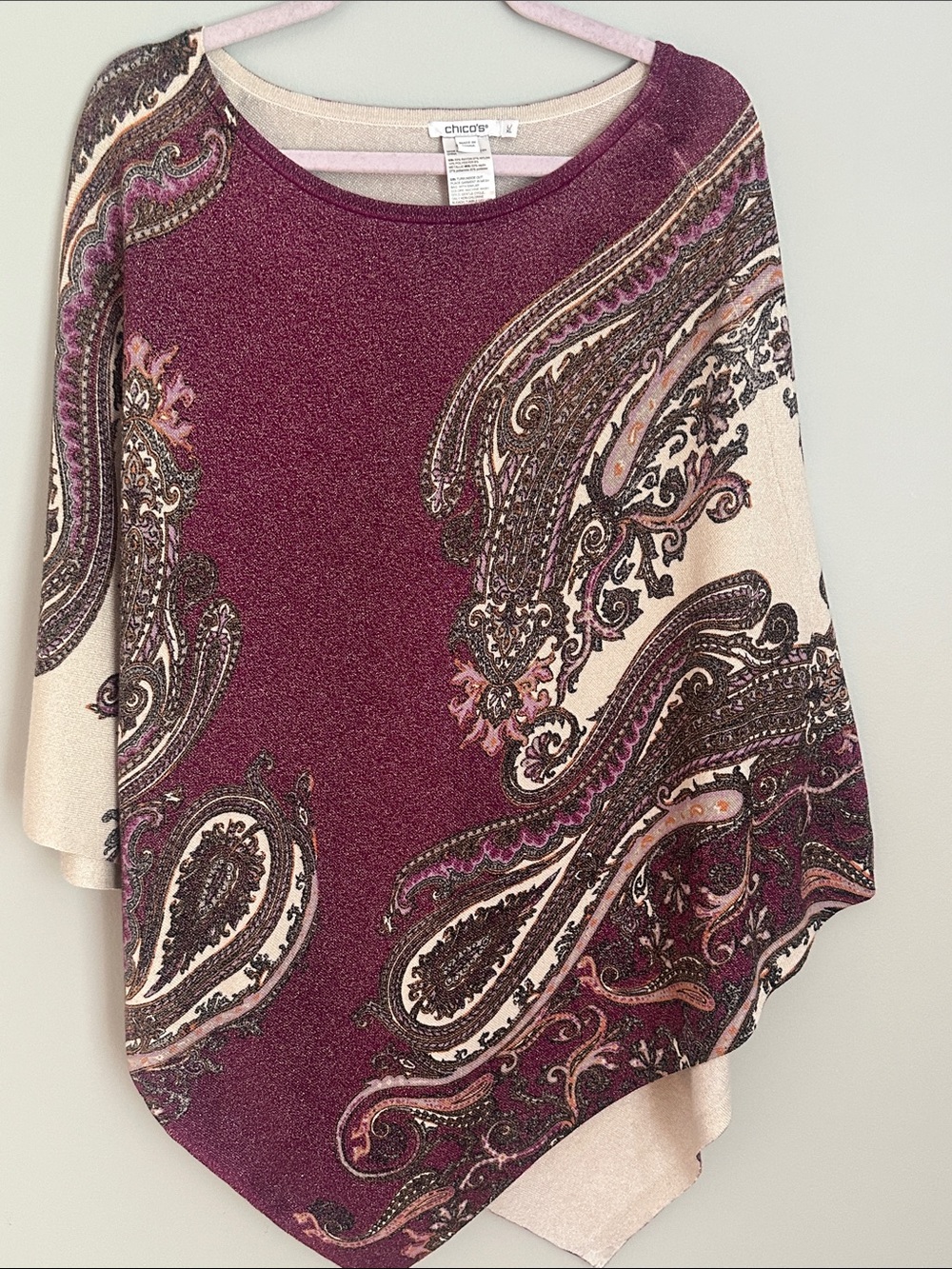 Chico's Paisley Knit Poncho in Burgundy and Cream